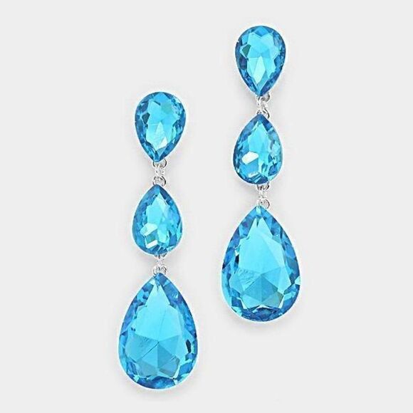 Aqua Blue Crystal Triple Teardrop Silver Earrings - Picture 1 of 5